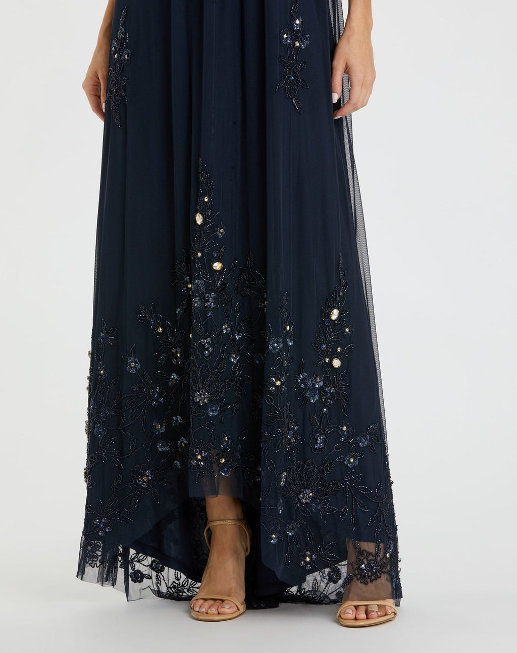 Navy High Neck Floral Embellished Trapeze Gown - Designer Collection
