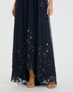 Navy High Neck Floral Embellished Trapeze Gown - Designer Collection