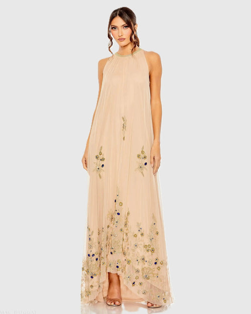 Beige High Neck Floral Embellished Trapeze Gown - Designer Collection