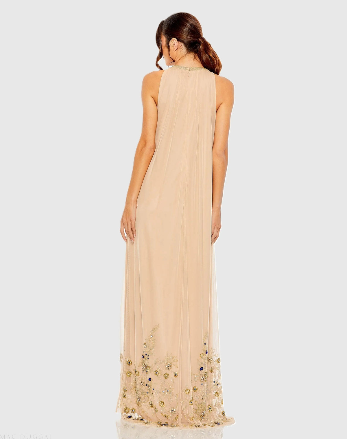 Beige High Neck Floral Embellished Trapeze Gown - Designer Collection