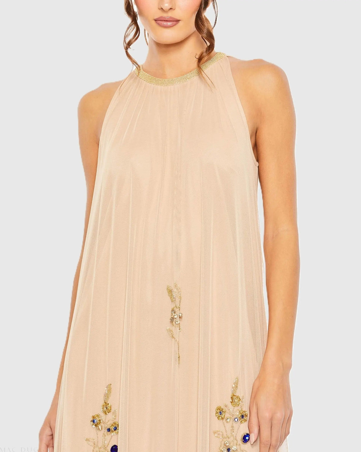 Beige High Neck Floral Embellished Trapeze Gown - Designer Collection