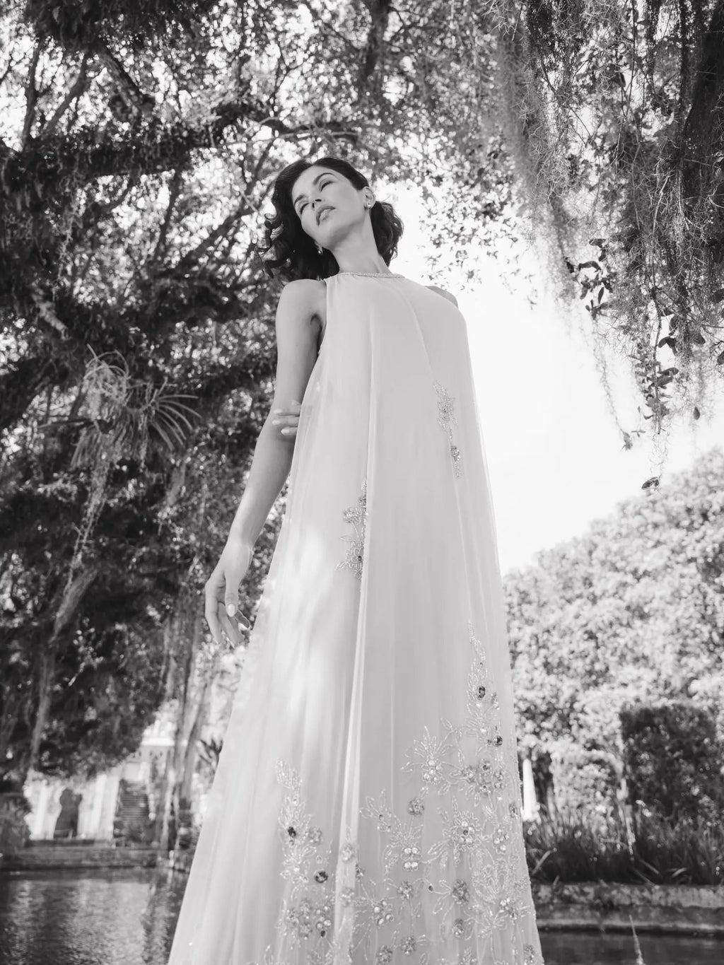 Beige High Neck Floral Embellished Trapeze Gown - Designer Collection