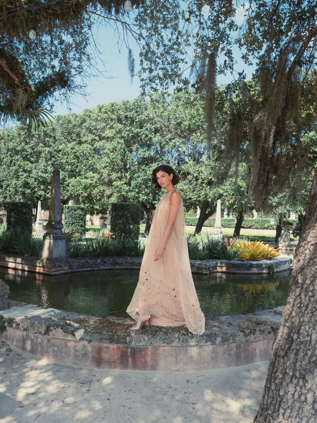Beige High Neck Floral Embellished Trapeze Gown - Designer Collection