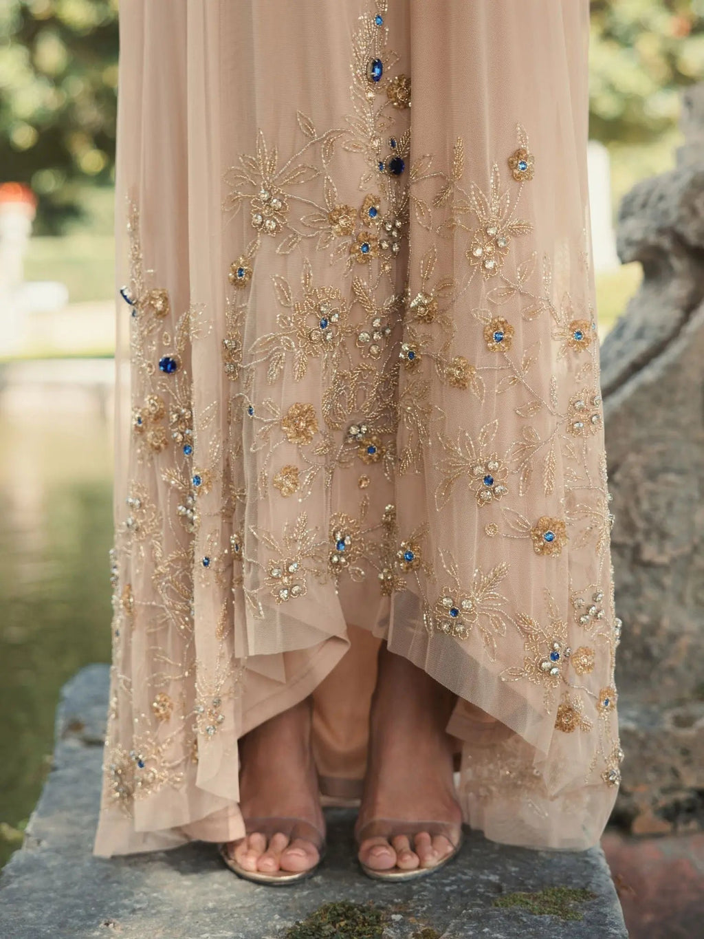 Beige High Neck Floral Embellished Trapeze Gown - Designer Collection