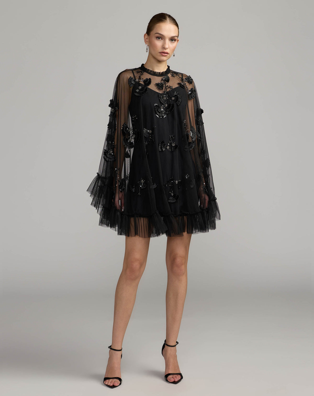 Black Embellished Long Sleeve Trapeze Dress with Ruffle Hem - Designer Collection