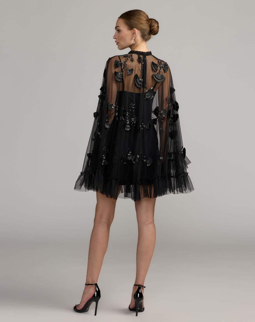 Black Embellished Long Sleeve Trapeze Dress with Ruffle Hem - Designer Collection
