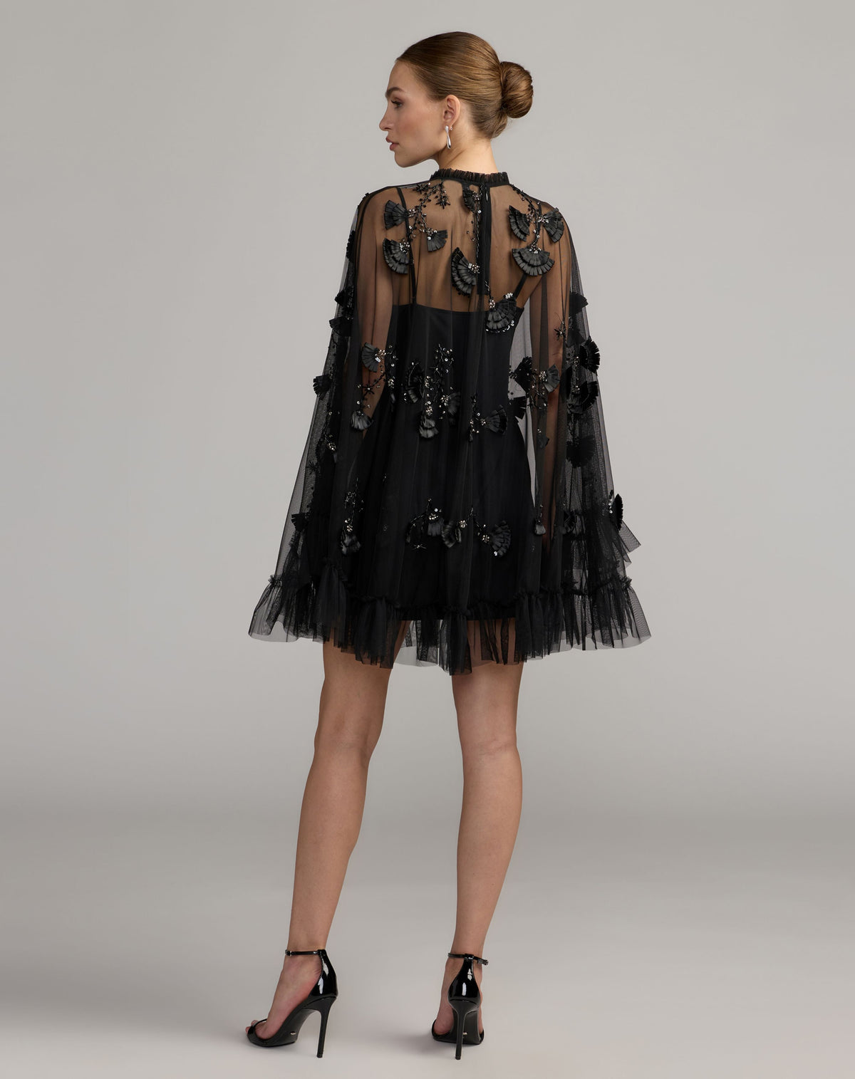 Black Embellished Long Sleeve Trapeze Dress with Ruffle Hem - Designer Collection