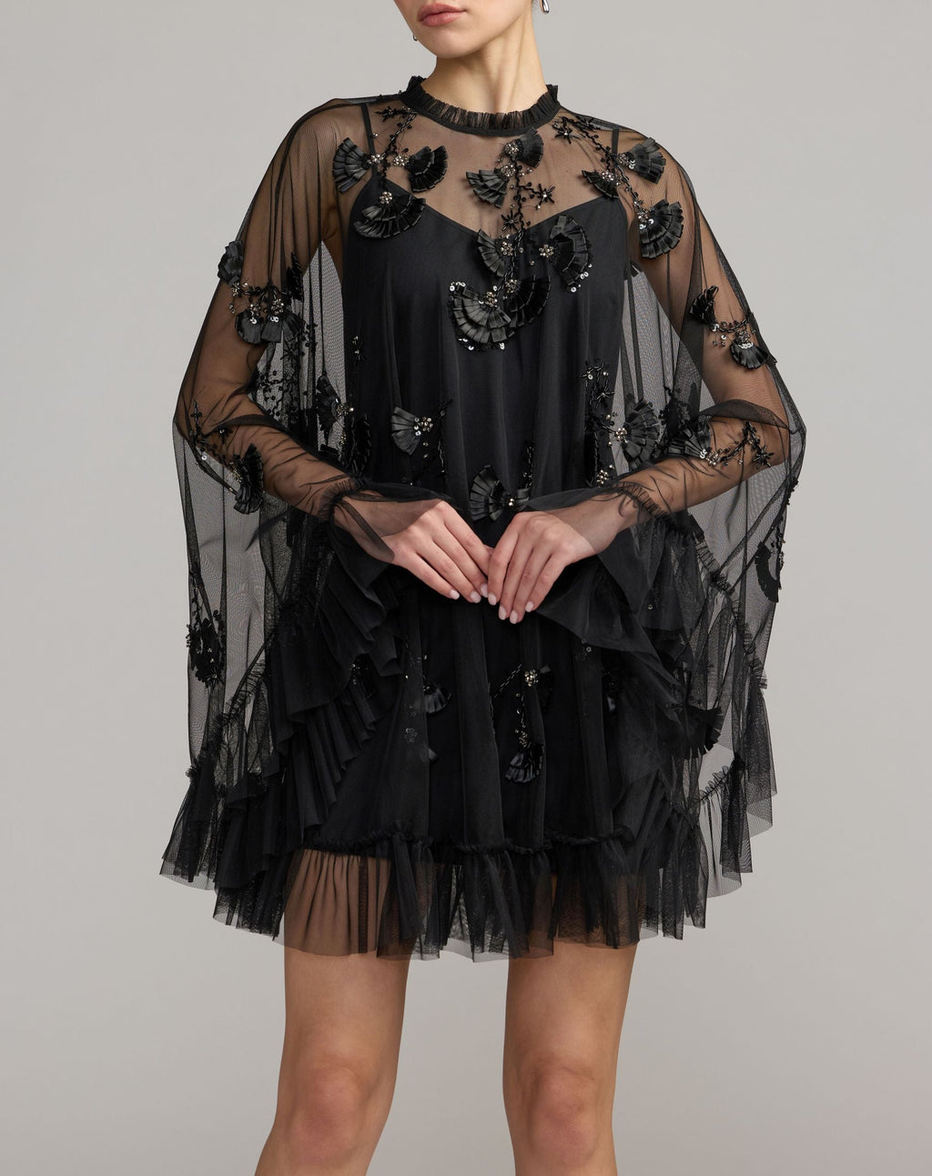 Black Embellished Long Sleeve Trapeze Dress with Ruffle Hem - Designer Collection