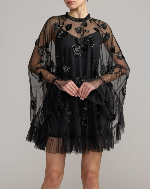 Black Embellished Long Sleeve Trapeze Dress with Ruffle Hem - Designer Collection