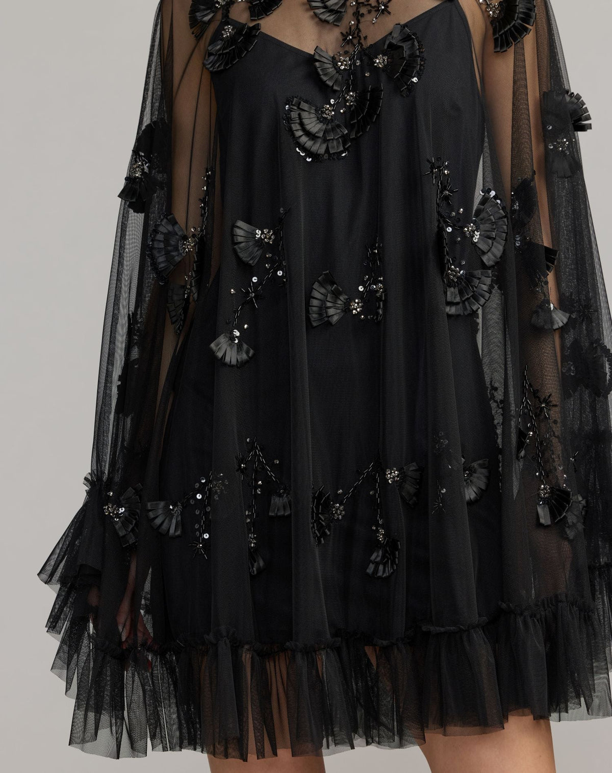 Black Embellished Long Sleeve Trapeze Dress with Ruffle Hem - Designer Collection