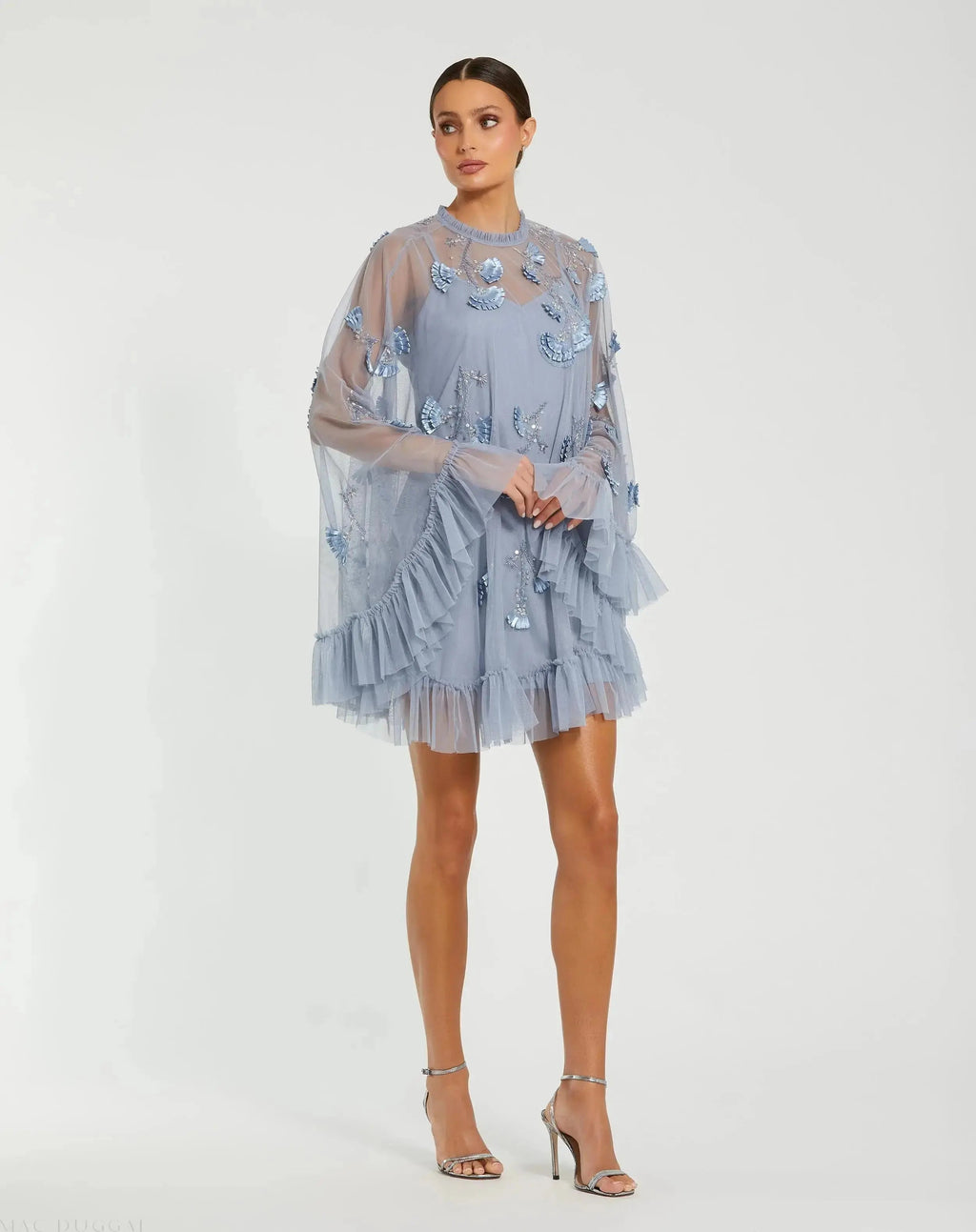Blue Embellished Long Flare Sleeve Mesh Trapeze Dress - Designer Collection