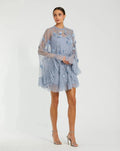 Blue Embellished Long Flare Sleeve Mesh Trapeze Dress - Designer Collection