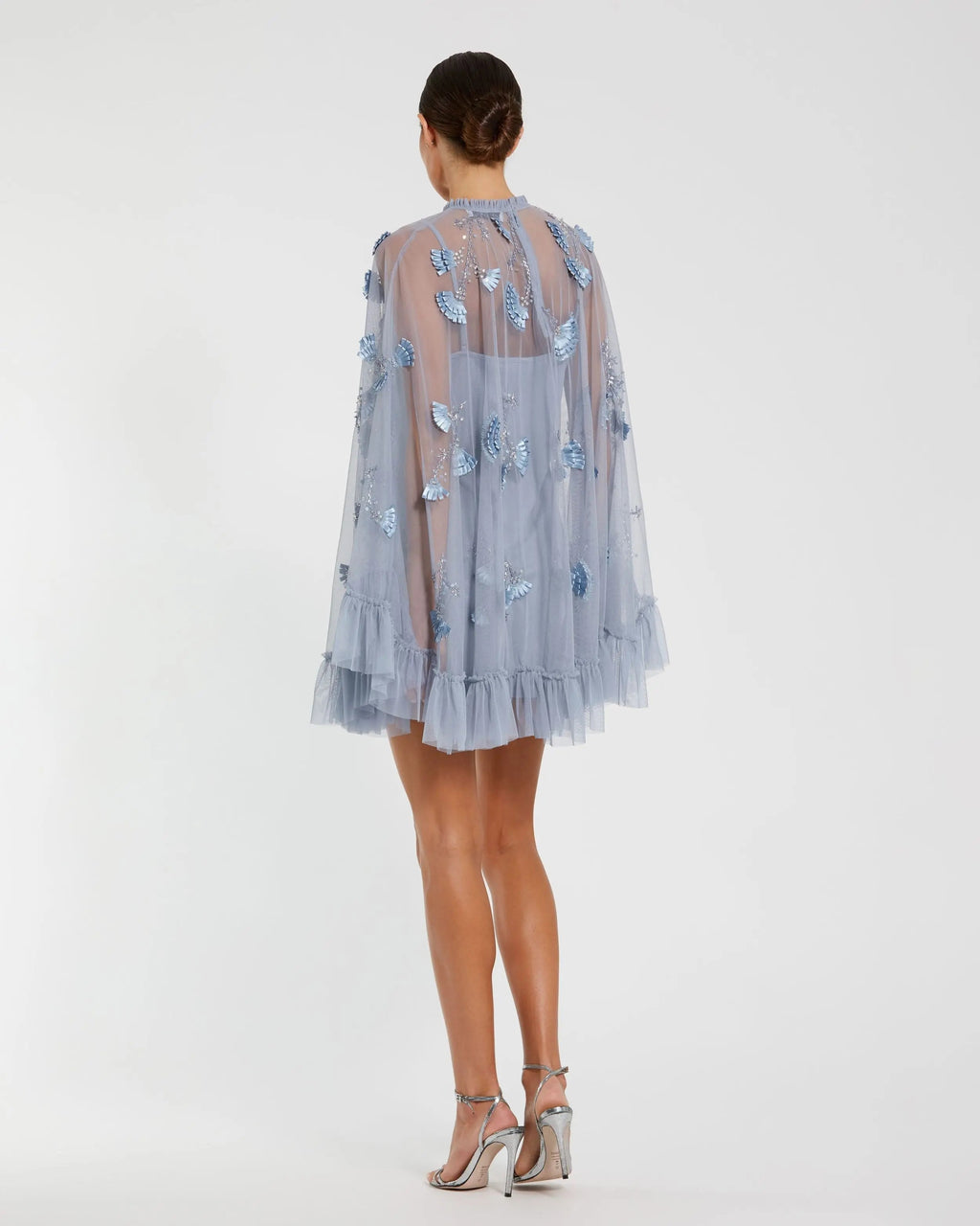Blue Embellished Long Flare Sleeve Mesh Trapeze Dress - Designer Collection
