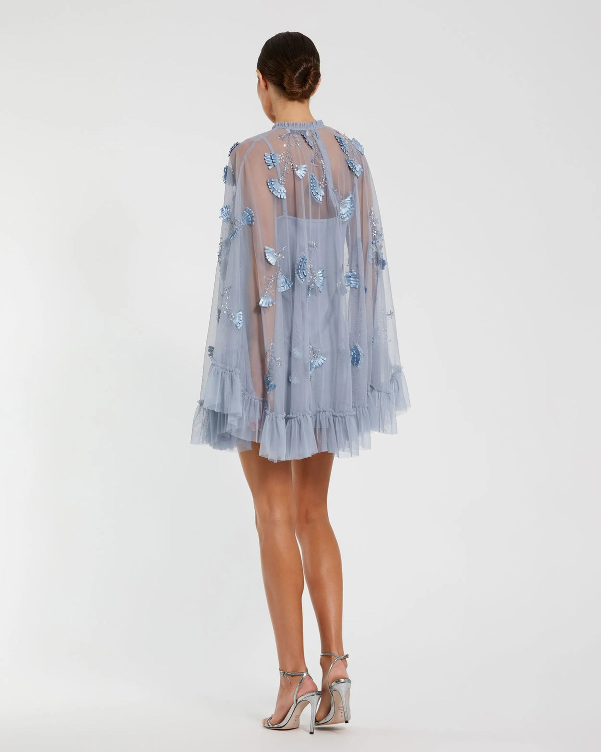 Blue Embellished Long Flare Sleeve Mesh Trapeze Dress - Designer Collection
