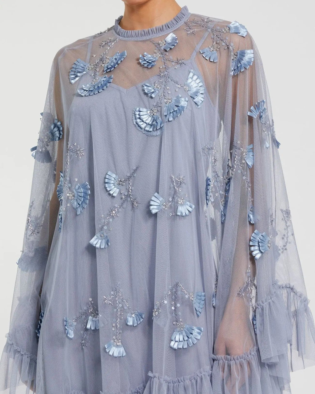 Blue Embellished Long Flare Sleeve Mesh Trapeze Dress - Designer Collection