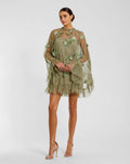 Green Embellished Long Sleeve Trapeze Dress with Ruffle Hem Designer Collection