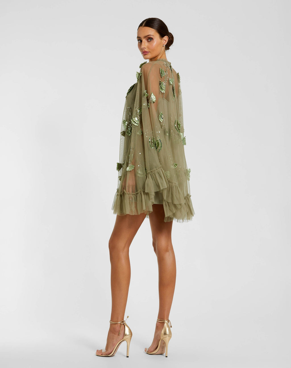 Green Embellished Long Sleeve Trapeze Dress with Ruffle Hem Designer Collection