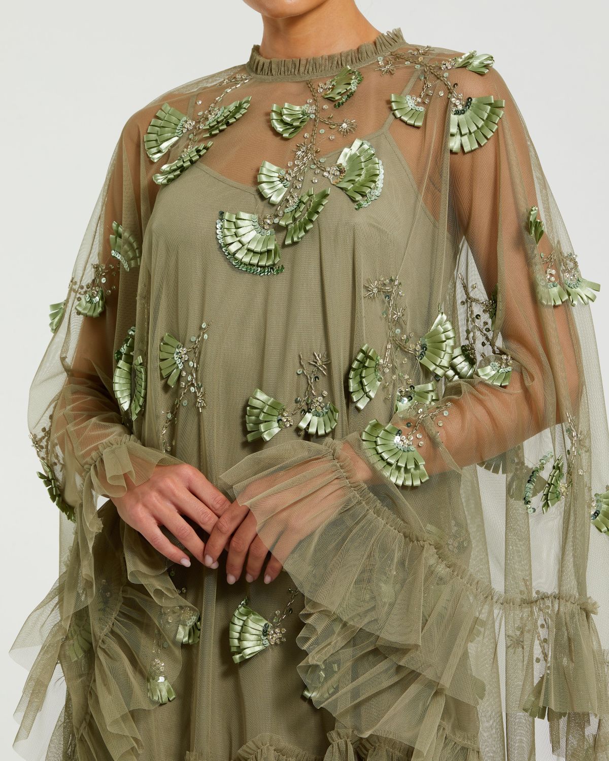 Green Embellished Long Sleeve Trapeze Dress with Ruffle Hem Designer Collection