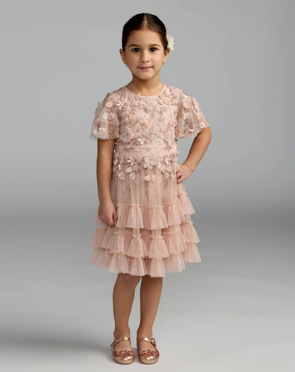 Girls Pink Embellished Flutter Sleeve Ruffle Gown Designer Collection