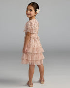Girls Pink Embellished Flutter Sleeve Ruffle Gown Designer Collection