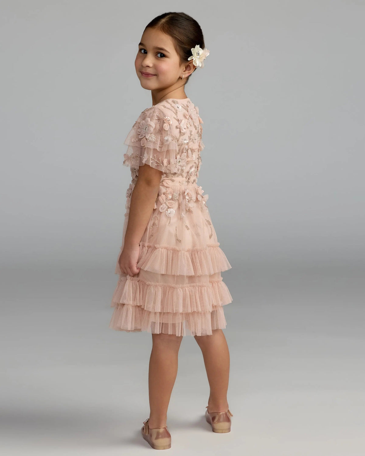 Girls Pink Embellished Flutter Sleeve Ruffle Gown Designer Collection