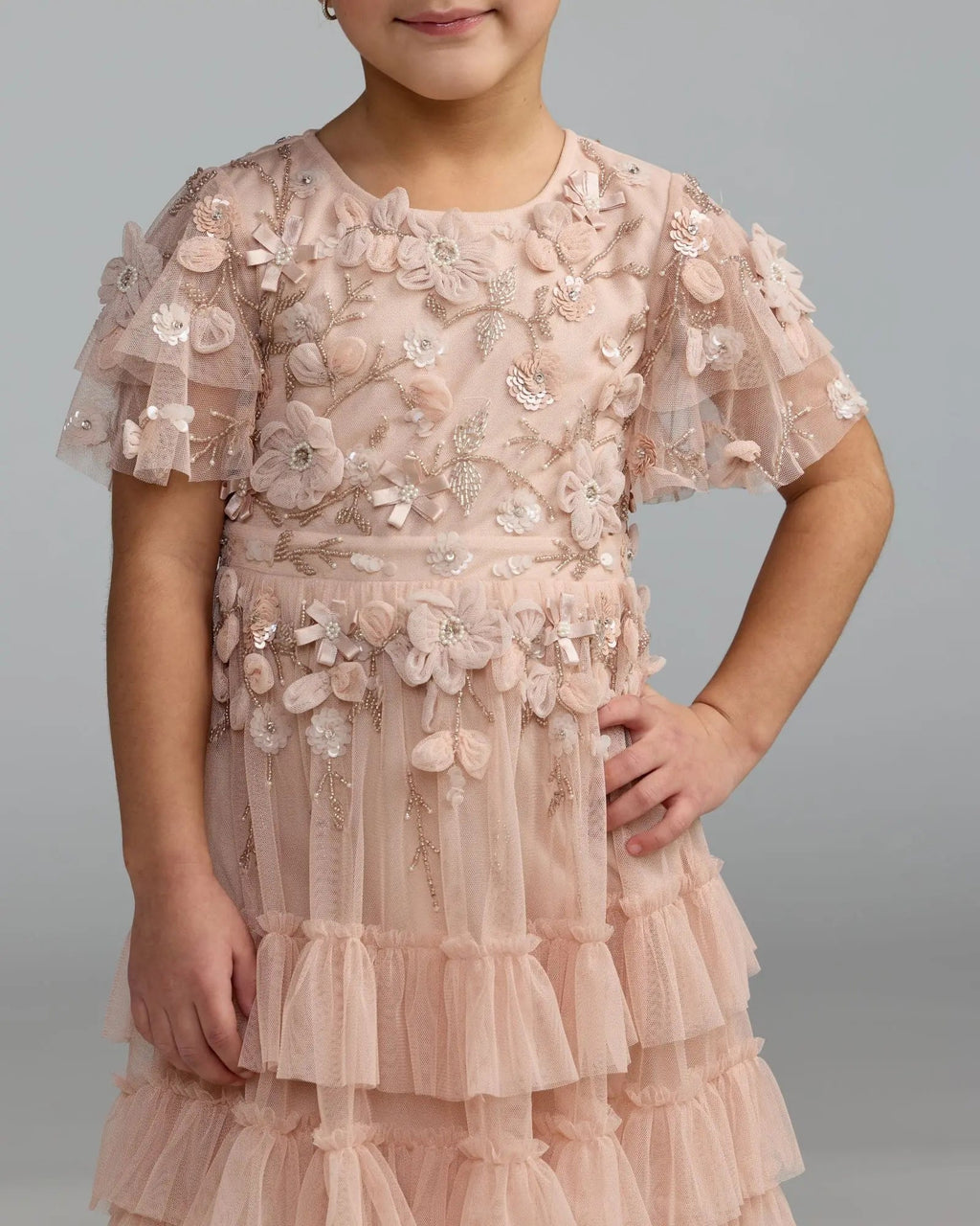 Girls Pink Embellished Flutter Sleeve Ruffle Gown Designer Collection
