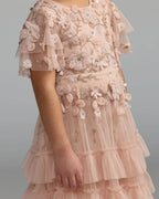 Girls Pink Embellished Flutter Sleeve Ruffle Gown Designer Collection