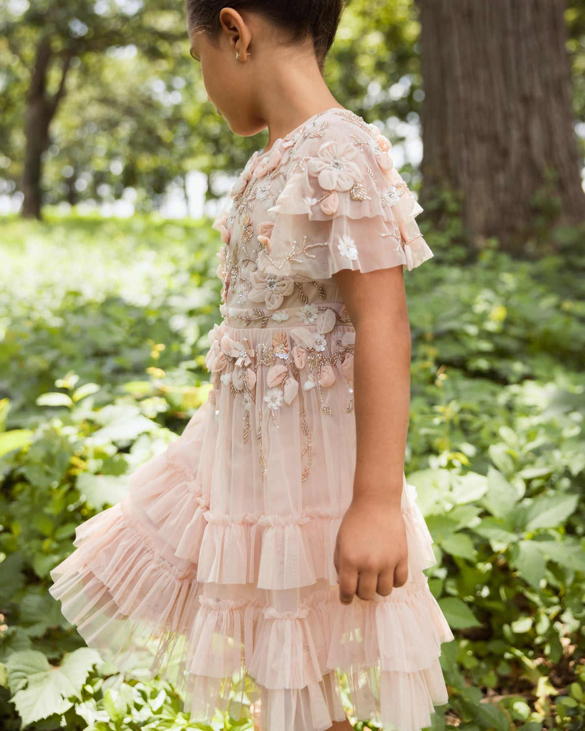 Girls Pink Embellished Flutter Sleeve Ruffle Gown Designer Collection