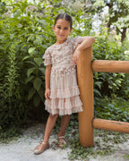 Girls Pink Embellished Flutter Sleeve Ruffle Gown Designer Collection