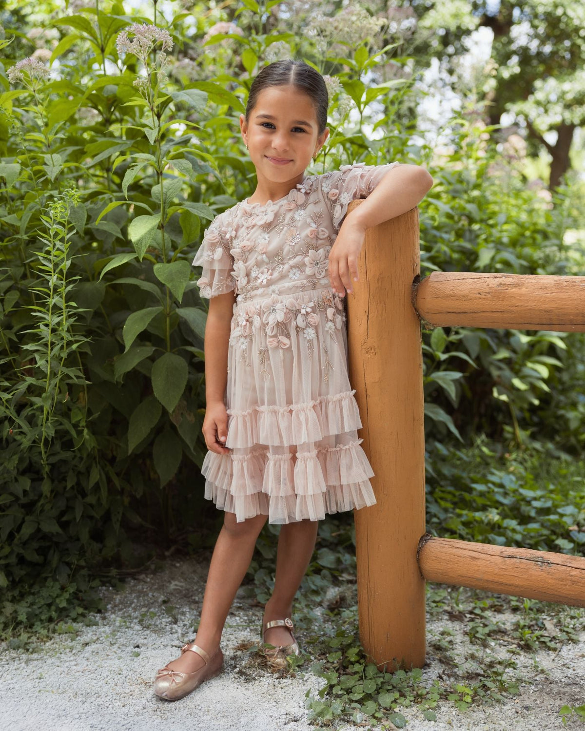 Girls Pink Embellished Flutter Sleeve Ruffle Gown Designer Collection
