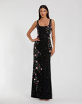 Black Floral Beaded Mesh Scoop Neck Sleeveless Gown - Designer Collection