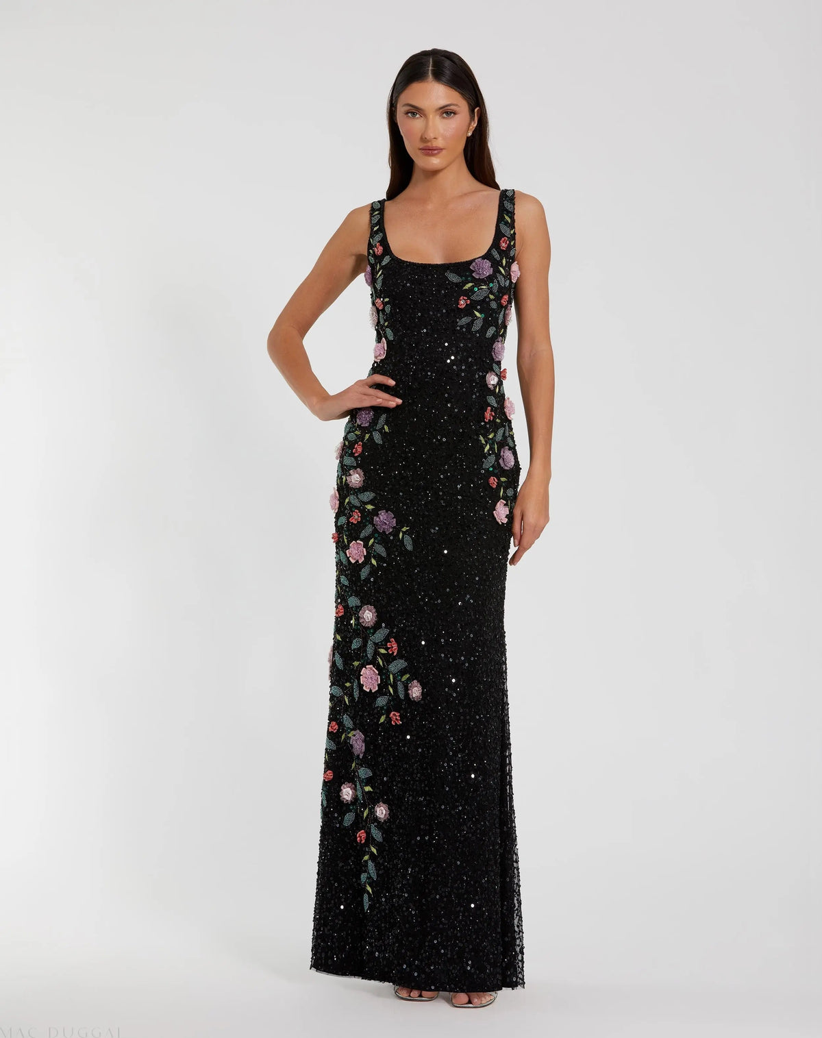 Black Floral Beaded Mesh Scoop Neck Sleeveless Gown - Designer Collection