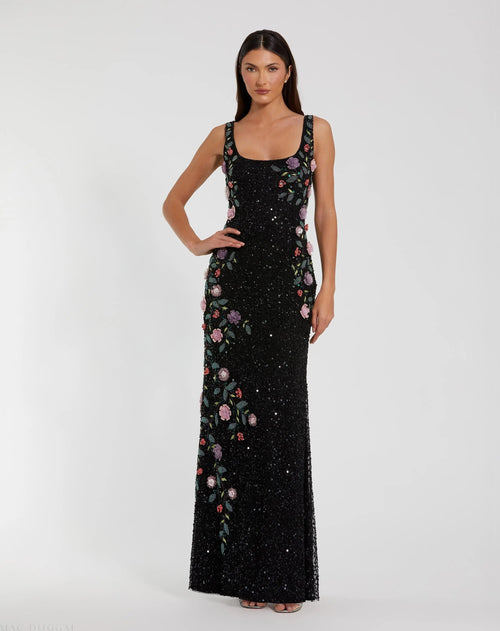 Black Floral Beaded Mesh Scoop Neck Sleeveless Gown - Designer Collection