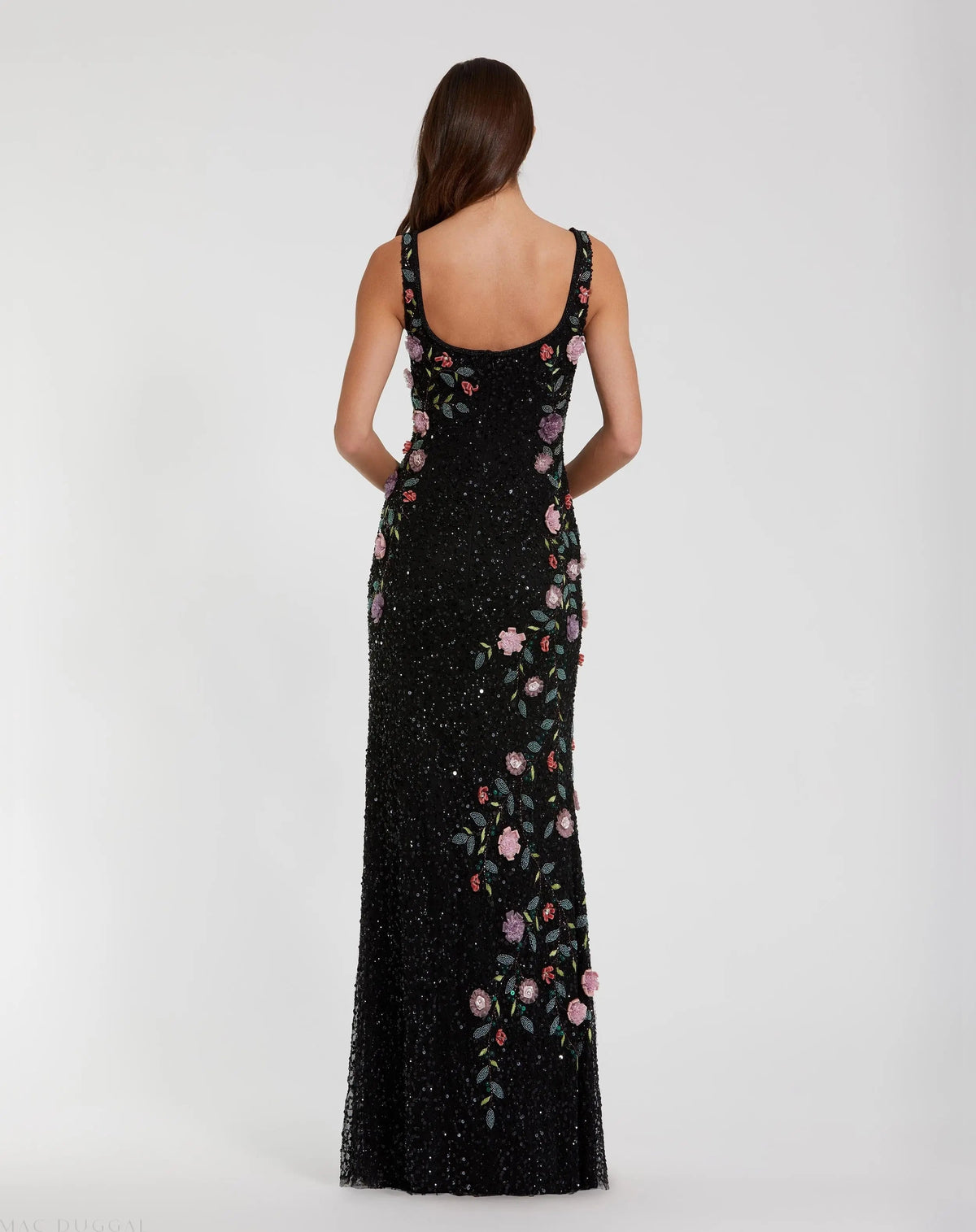 Black Floral Beaded Mesh Scoop Neck Sleeveless Gown - Designer Collection