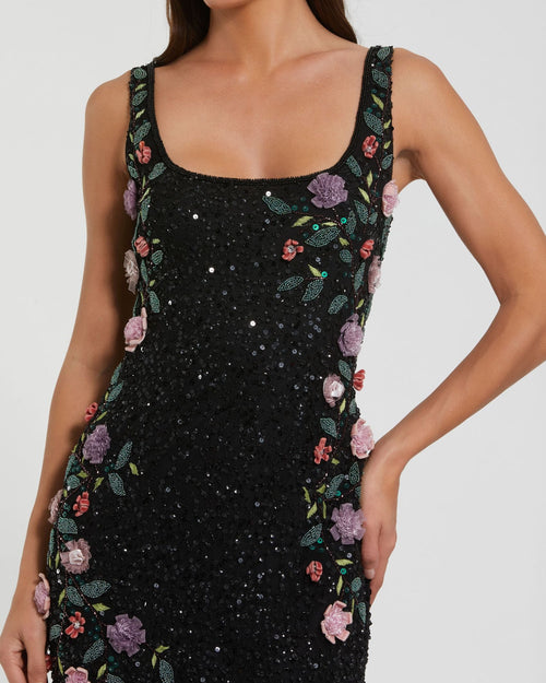 Black Floral Beaded Mesh Scoop Neck Sleeveless Gown - Designer Collection