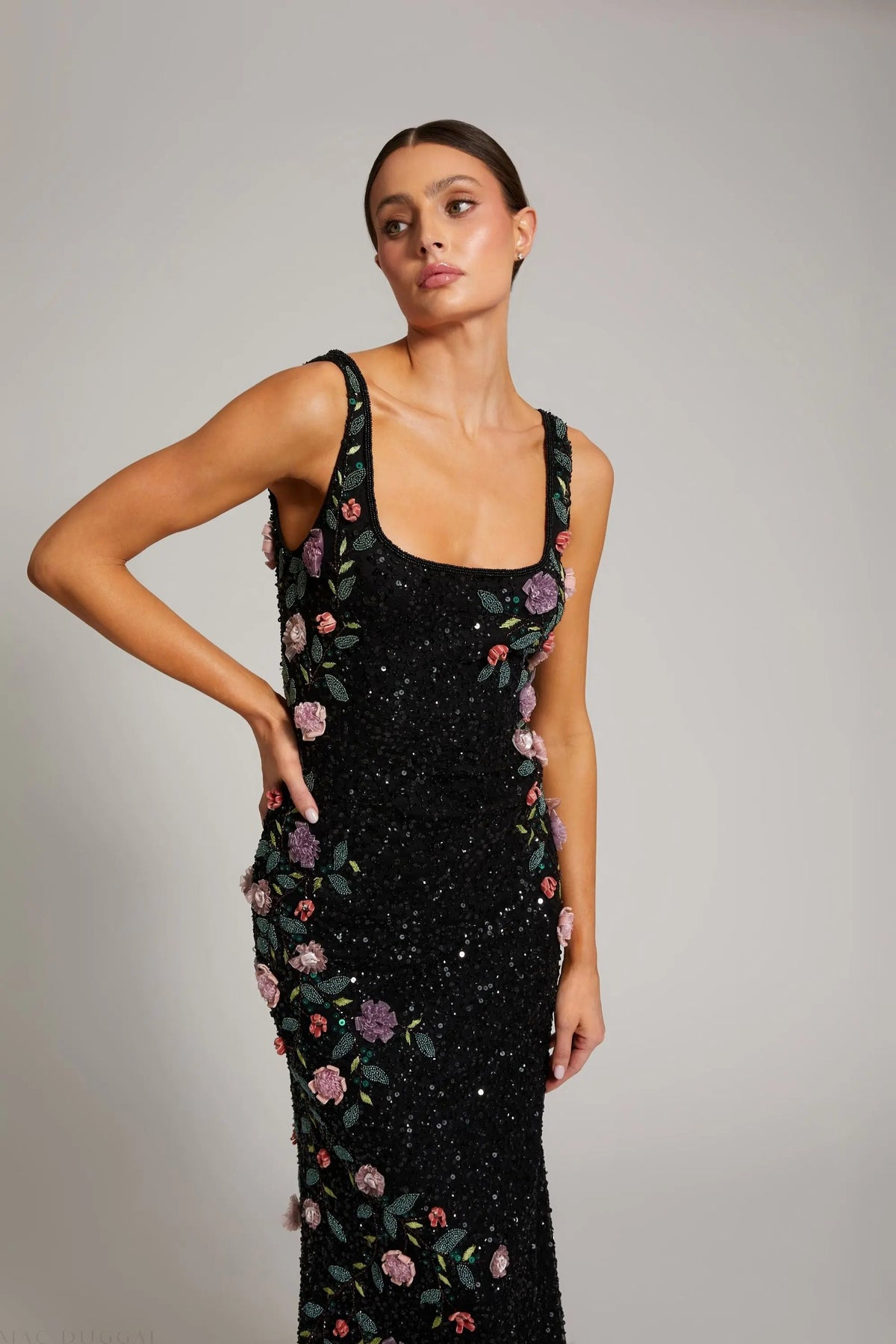 Black Floral Beaded Mesh Scoop Neck Sleeveless Gown Designer Collection