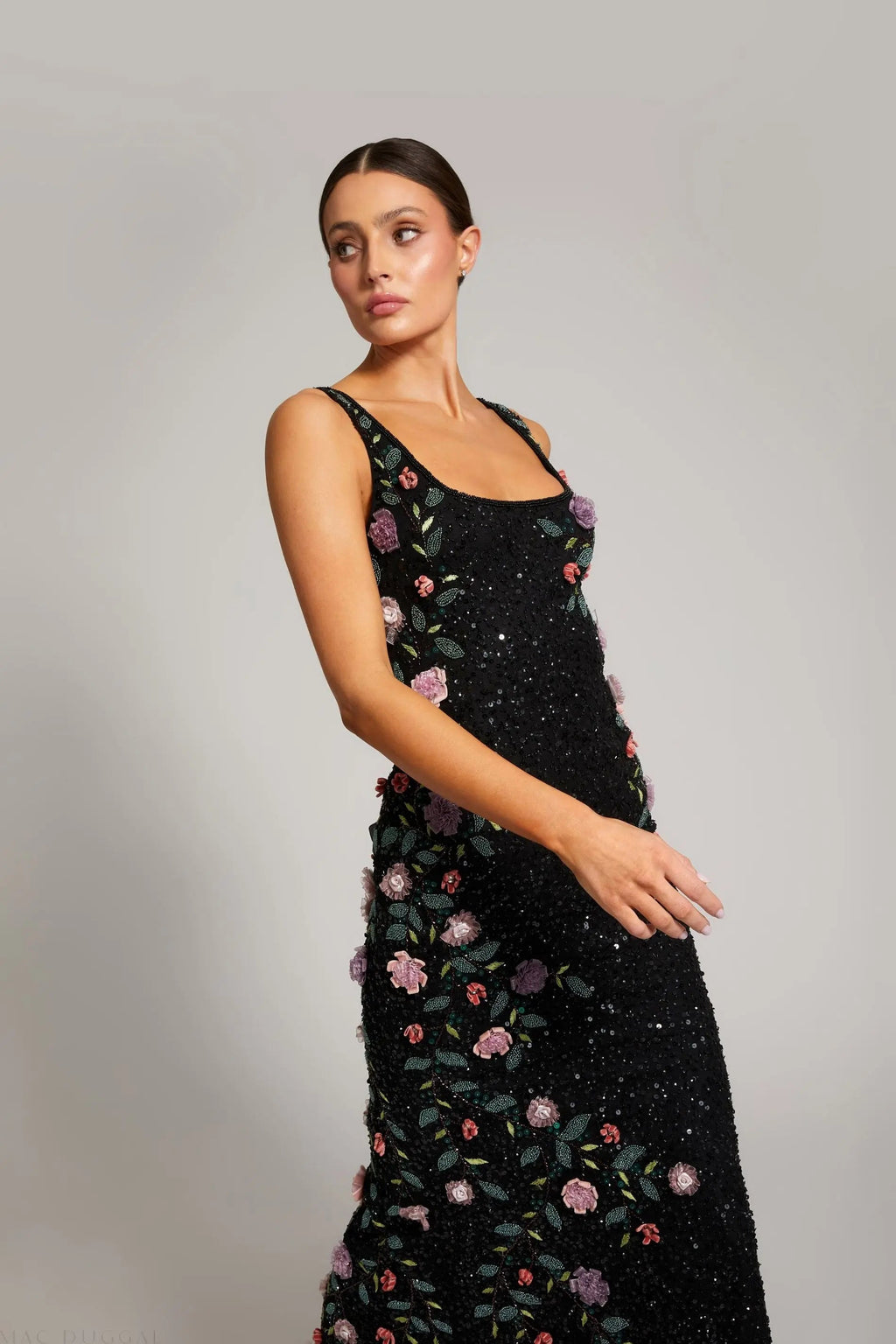 Black Floral Beaded Mesh Scoop Neck Sleeveless Gown Designer Collection