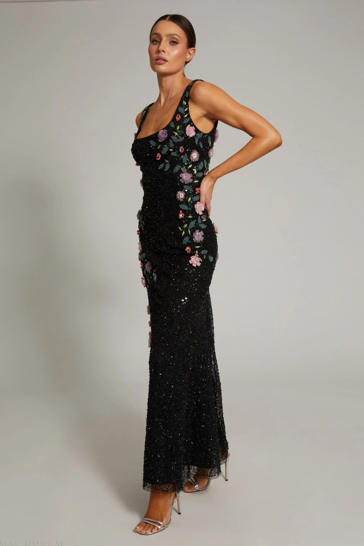 Black Floral Beaded Mesh Scoop Neck Sleeveless Gown Designer Collection