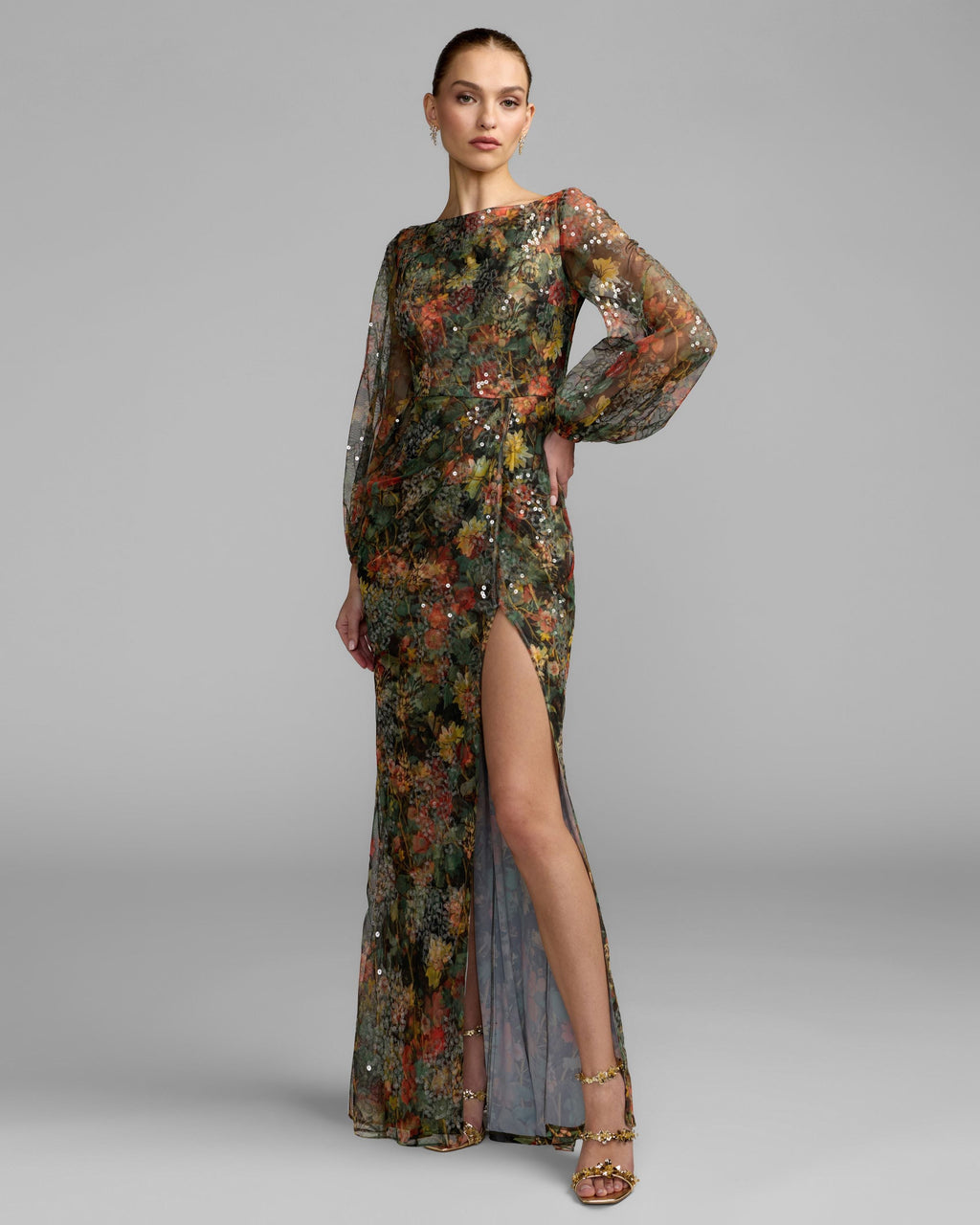 Black Multicolor Floral Sequined Puff Sleeve Gown Designer Collection
