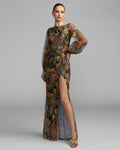 Black Multicolor Floral Sequined Puff Sleeve Gown Designer Collection