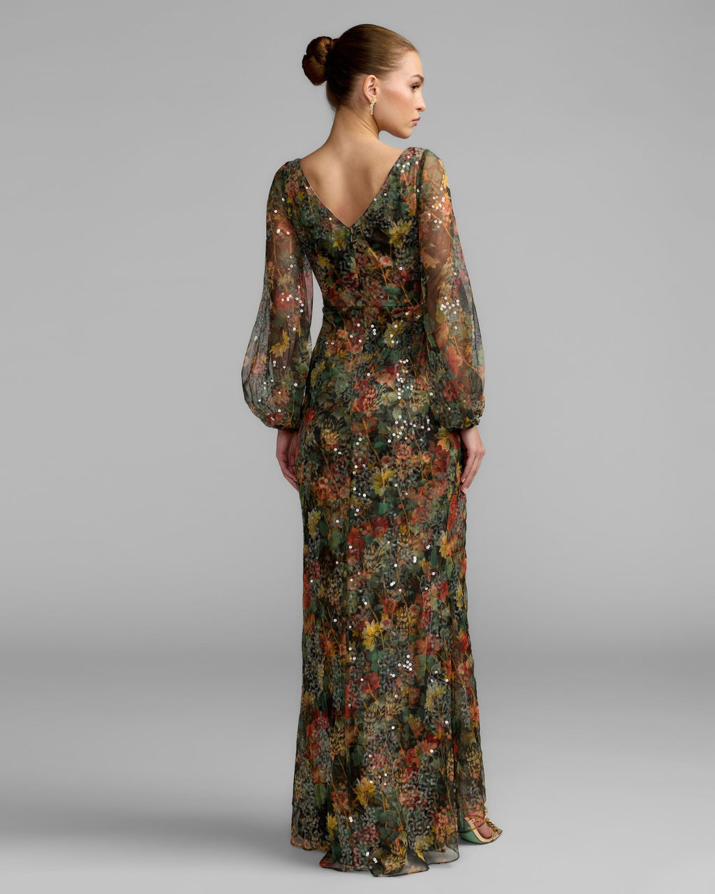 Black Multicolor Floral Sequined Puff Sleeve Gown Designer Collection