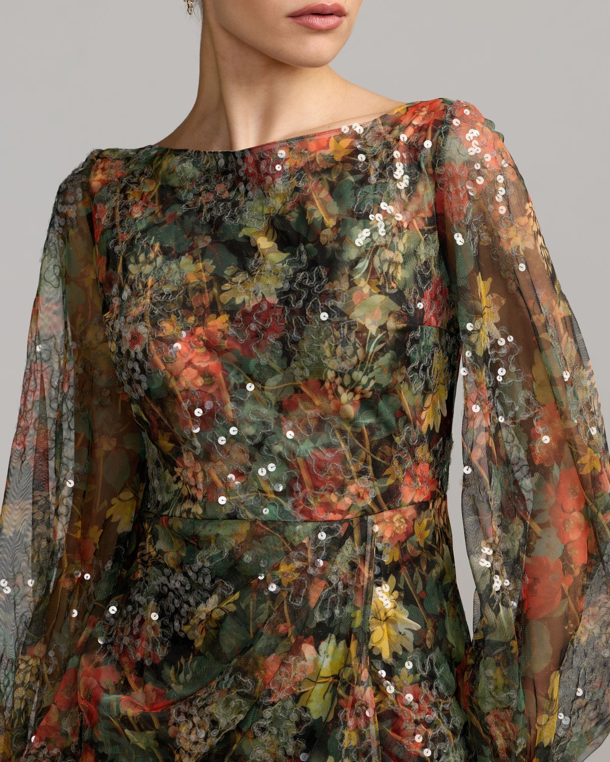 Black Multicolor Floral Sequined Puff Sleeve Gown Designer Collection