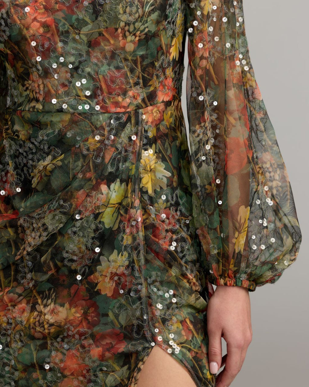 Black Multicolor Floral Sequined Puff Sleeve Gown Designer Collection