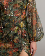 Black Multicolor Floral Sequined Puff Sleeve Gown Designer Collection
