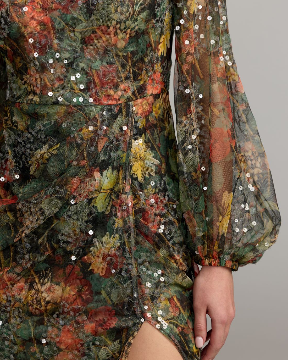 Black Multicolor Floral Sequined Puff Sleeve Gown Designer Collection