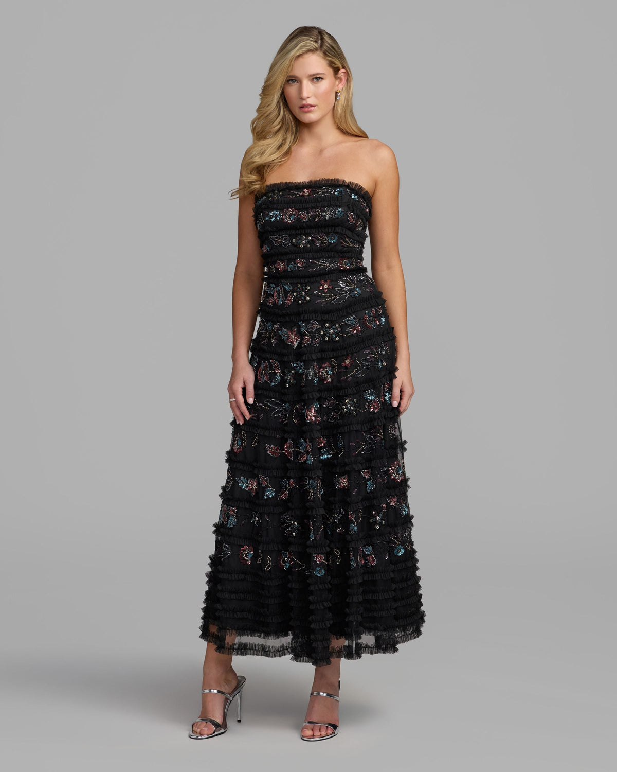 Black Strapless Micro Ruffle Midi Dress - Designer Collection