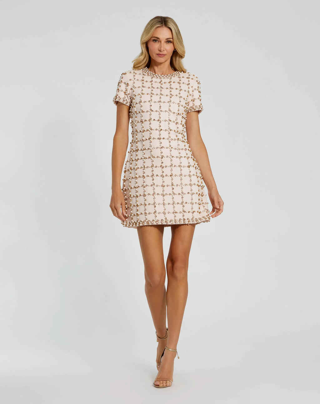 Light Pink Rhinestone Pearl Beaded Mini Dress Designer Collection