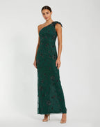 Green Floral Beaded One Shoulder Gown - Designer Collection