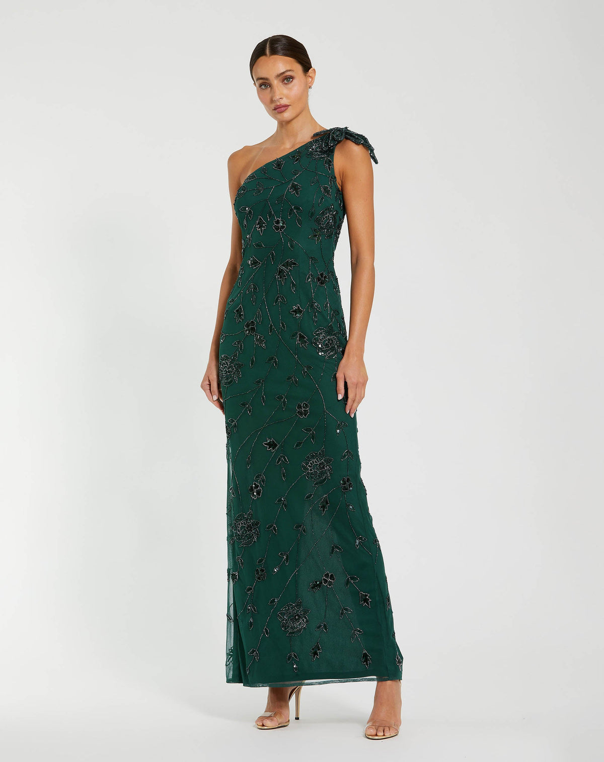 Green Floral Beaded One Shoulder Gown - Designer Collection