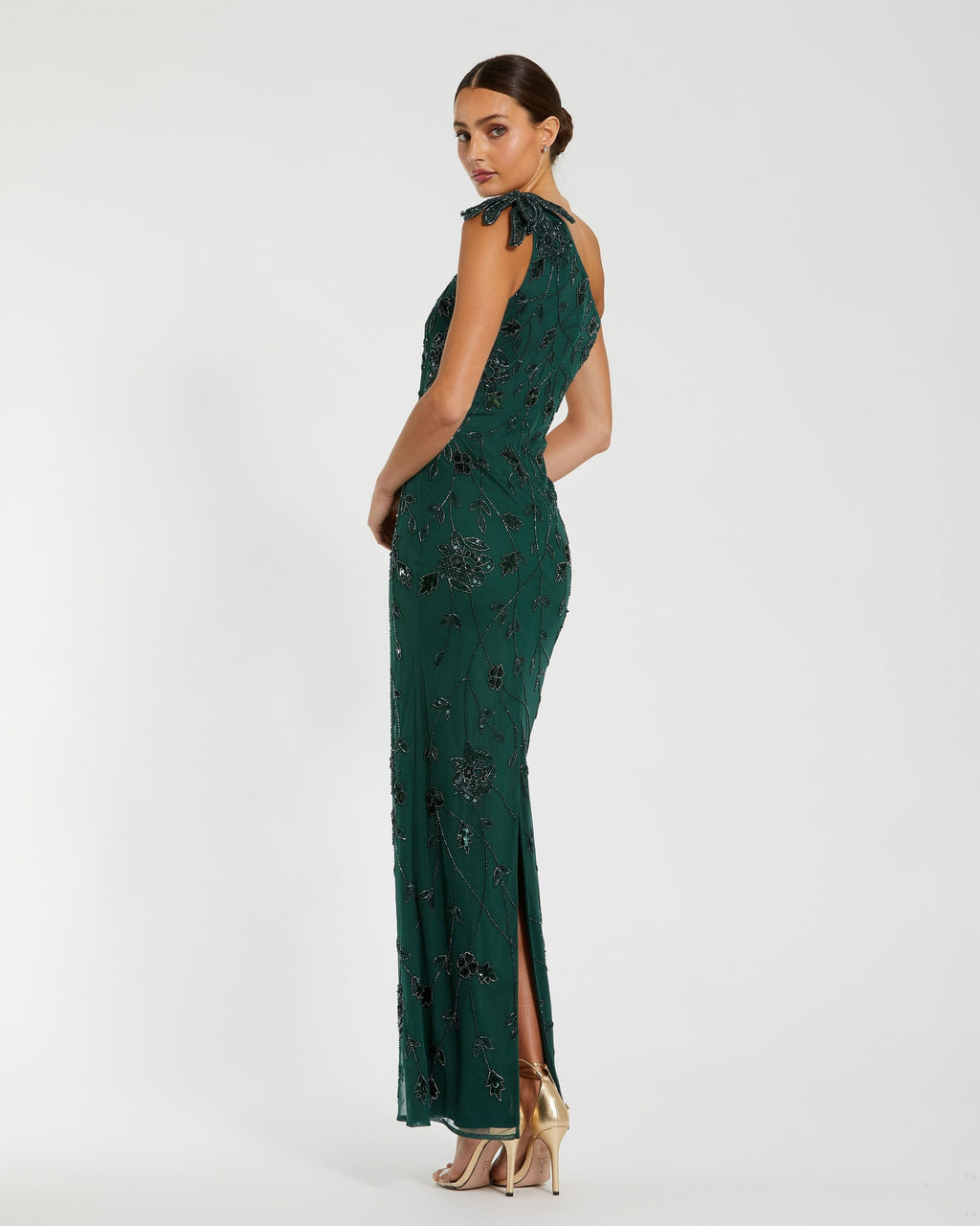 Green Floral Beaded One Shoulder Gown - Designer Collection